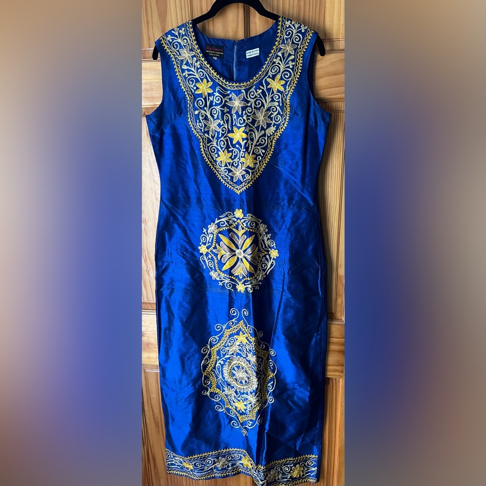 Raj Royal Blue Midi Dress with Gold Detailing